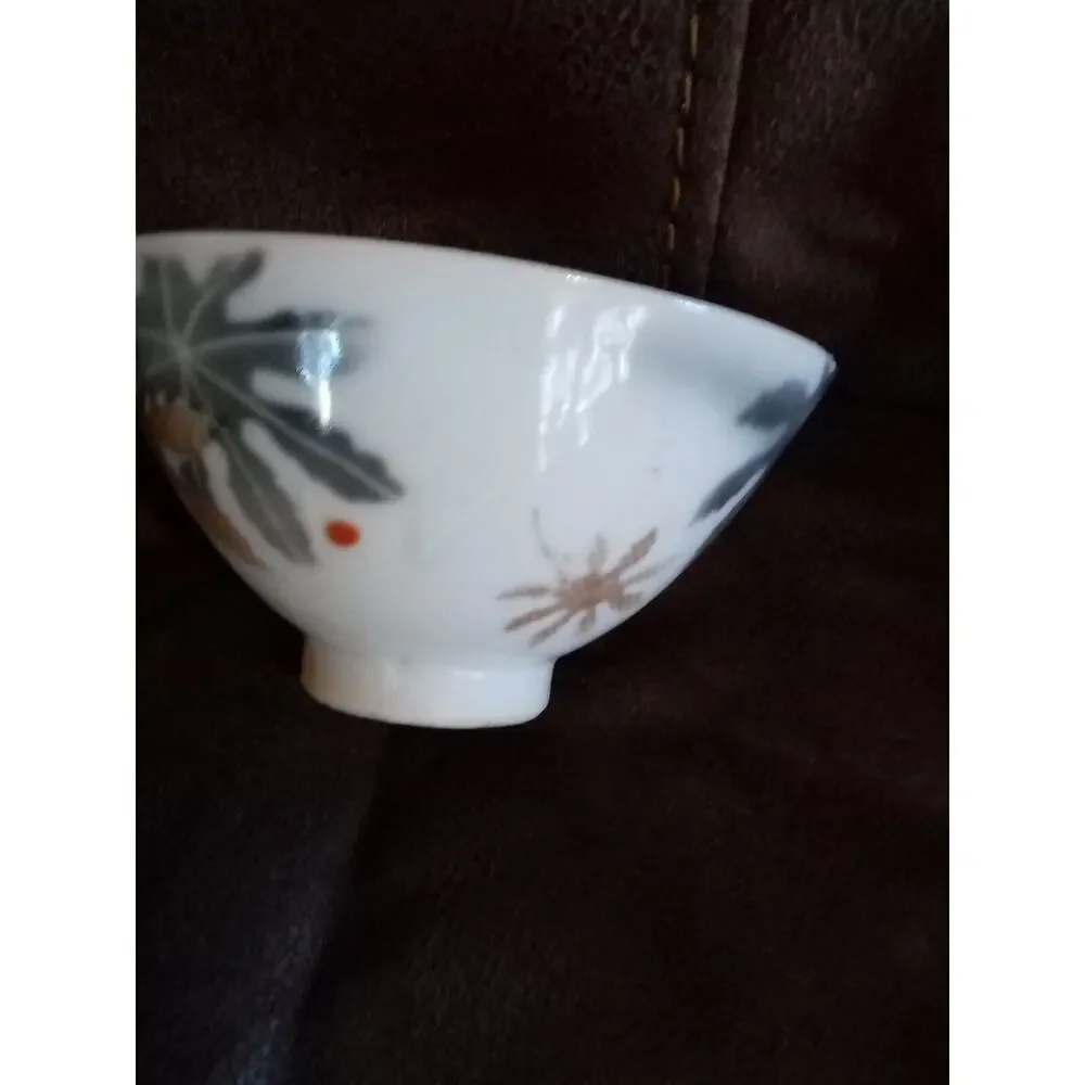 Japanese Porcelain 2.5 Inch Rice Bowl Vtg Chawan Red Tan Black Flower Leaf
